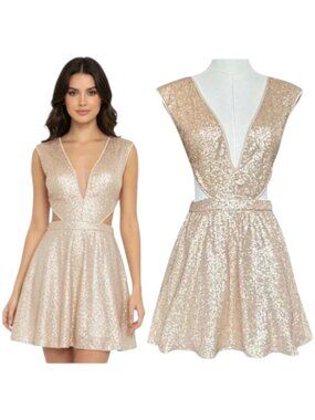 Mustard Seed Champagne Sequin Mini Dress Deep V Cutout S